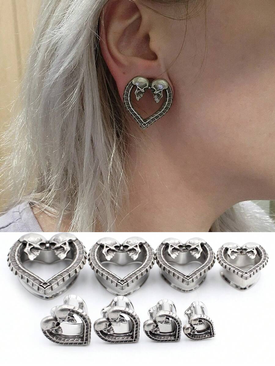 2 Pieces 8-25mm Stainless Steel Heart Love Skull Flared Women Ear Tunnels Plugs Expander Stretcher Earrings Body Piercing Jewelry