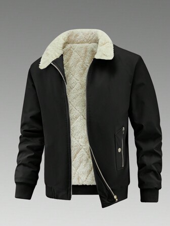 Men's Casual Outdoor Jacket With Collar, Zipper Pockets, Button Decoration, For Autumn And Winter,Fleece