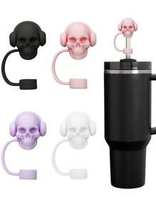 1pc/4pcs Skeleton Head Silicone Straw Cover Caps For 30&40 Oz Tumbler, 10mm Straw Toppers, Reusable Straw Covers, Dustproof Straw Caps, Simple Straw Tip Lids, Holiday Gifts, Trick Or Treat Halloween Parties Small Gifts, Spooky Scary Horror Creepy Dark Skull Straw Cover Caps, Halloween Cup Decorations Accessories - Multicolor - View 1