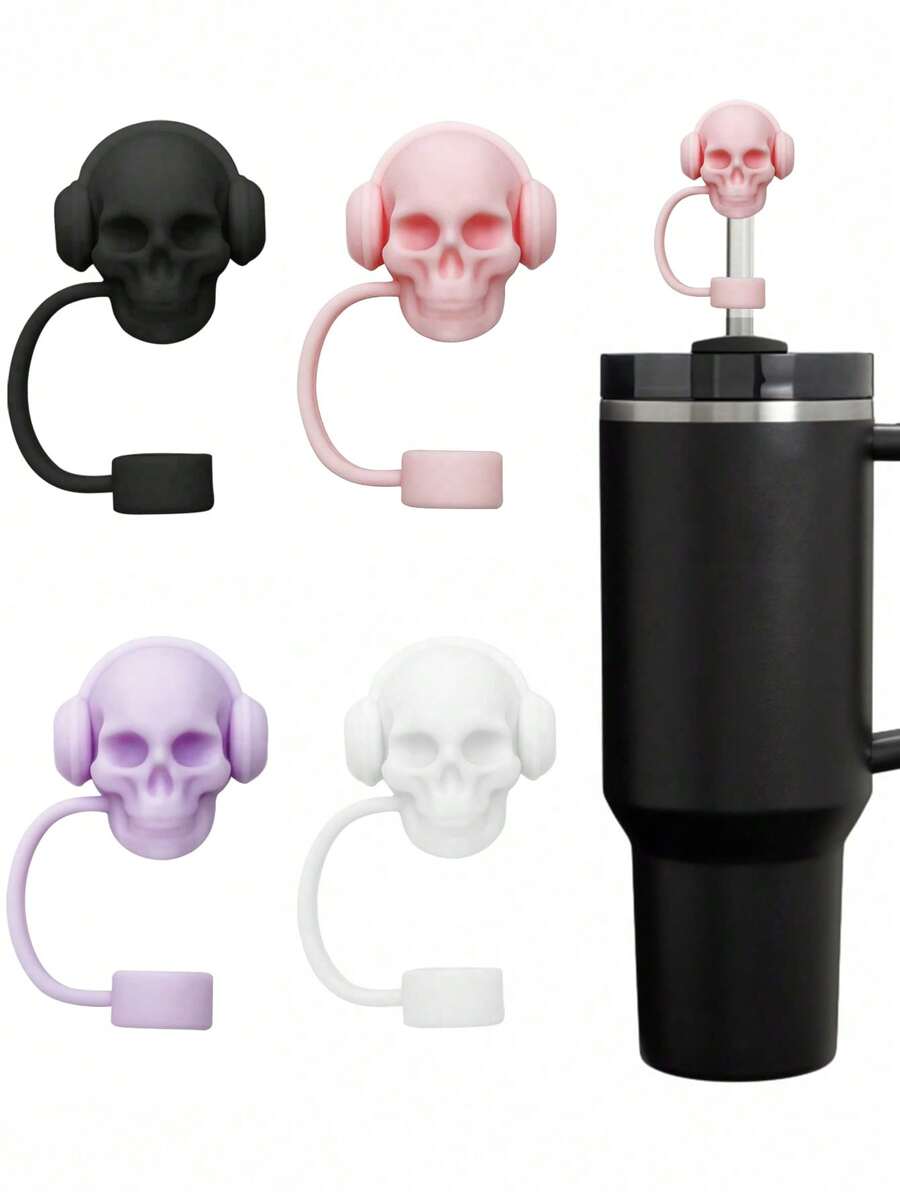 1pc/4pcs Skeleton Head Silicone Straw Cover Caps For 30&40 Oz Tumbler, 10mm Straw Toppers, Reusable Straw Covers, Dustproof Straw Caps, Simple Straw Tip Lids, Holiday Gifts, Trick Or Treat Halloween Parties Small Gifts, Spooky Scary Horror Creepy Dark Skull Straw Cover Caps, Halloween Cup Decorations Accessories - Multicolor - View 1