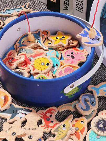 1件早教益智木制桶海洋钓鱼玩具儿童认知趣味海洋小鱼适合亲子游戏