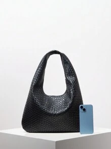 复古编织纹理单肩包 软PU皮手提包 大容量手提包 日常通勤包 月牙包 拉链腋下包 简约百搭女士钱包 (图案随机) - 黑色 - 查看 4