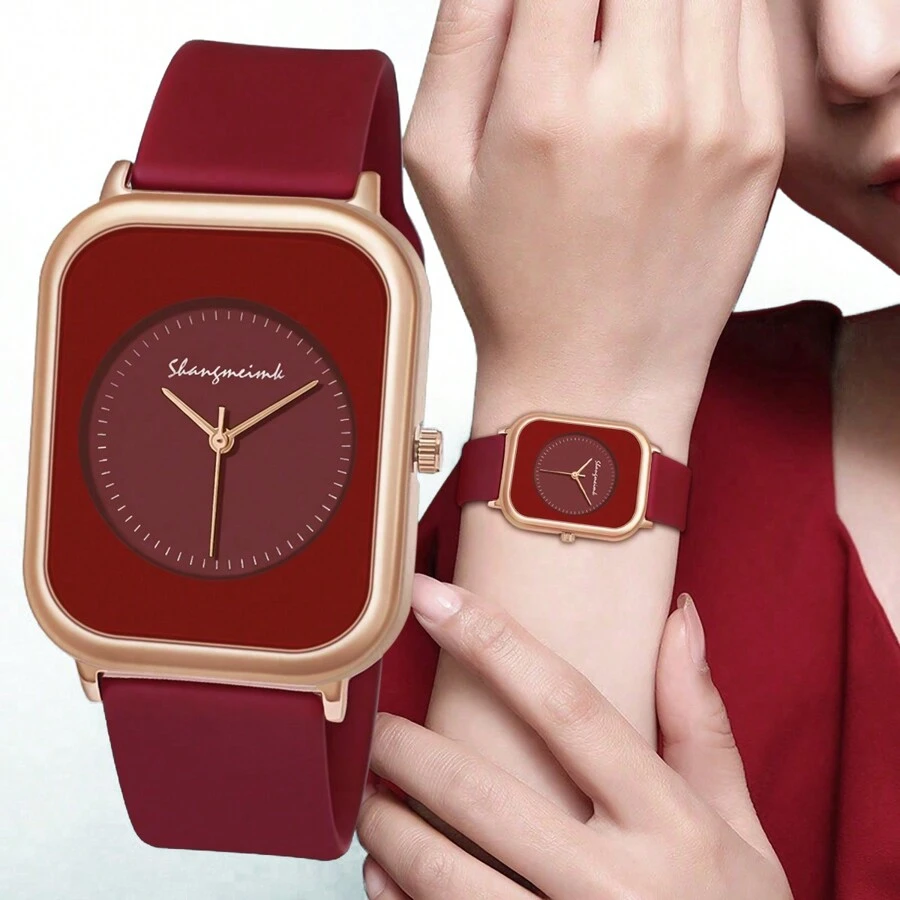1pc Women's Cute, Minimalist, Elegant Fashion Rectangular Case Silicone Strap Quartz Wrist Watch, Ladies Sport & Daily Wear, Red - Red - View 1