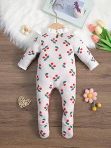 Baby Girls Cherry Pattern Ruffle Trim Long Sleeve Knit Romper