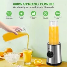 Blender For Juices, Shakes, Smoothies, 600W, 4 Stainless Steel Blades, Includes 2 Portable 800ml Sports Bottles And 2 Lids, Stainless Steel, Black - 查看 2