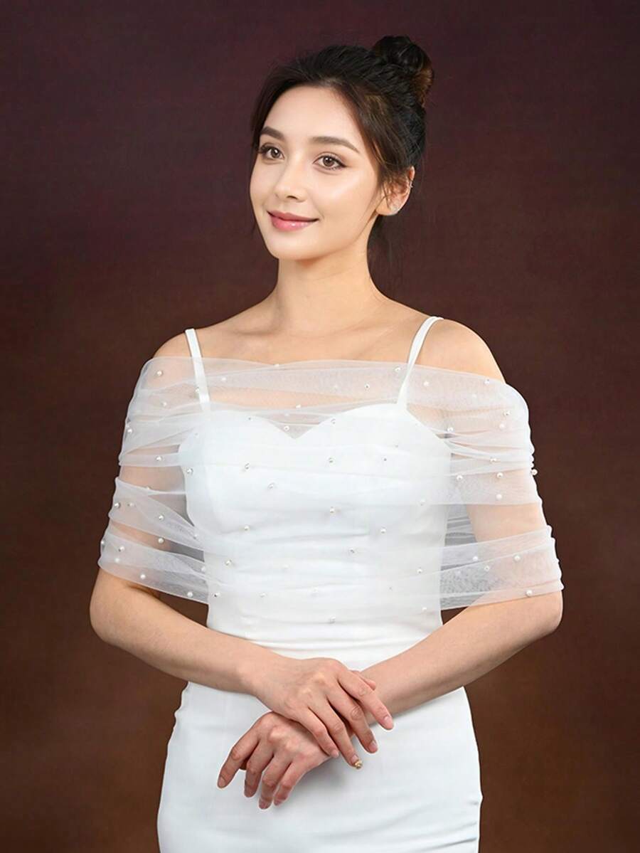 1set/2pcs Bride OffShoulder Pearl Shawl Bridal Accessories & Soft