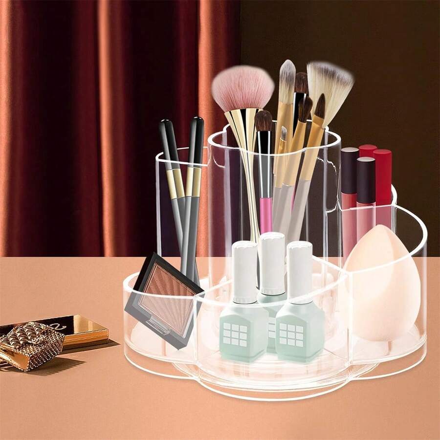 360° Rotating Makeup Organizer 6 Slot Clear Cosmetic Storage Holder Tray Makeup Brush Cup Lip Gloss Display Case Bathroom Makeup Organizer - Multicolor - View 1