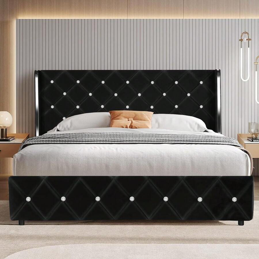 Twin/ Full/ Queen/ King Size Bed Frame, Upholstered Bed Frame With Diamond Headboard And Footboard, No Box Spring Needed With Wood Slat Support, Easy Assembly, Twin Bed Frame/ Full Bed Frame/ King Bed Frame, Black/ Pink/ White/ Purple/ Blue/ Green - 黑色 - 查看 1