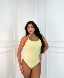 Body Bory Leotard Tank Top With Ribbed Straps, Tight-Fitting Elastane, Low-Cut Neckline, Basic, Versatile - 黃色 - 查看 3