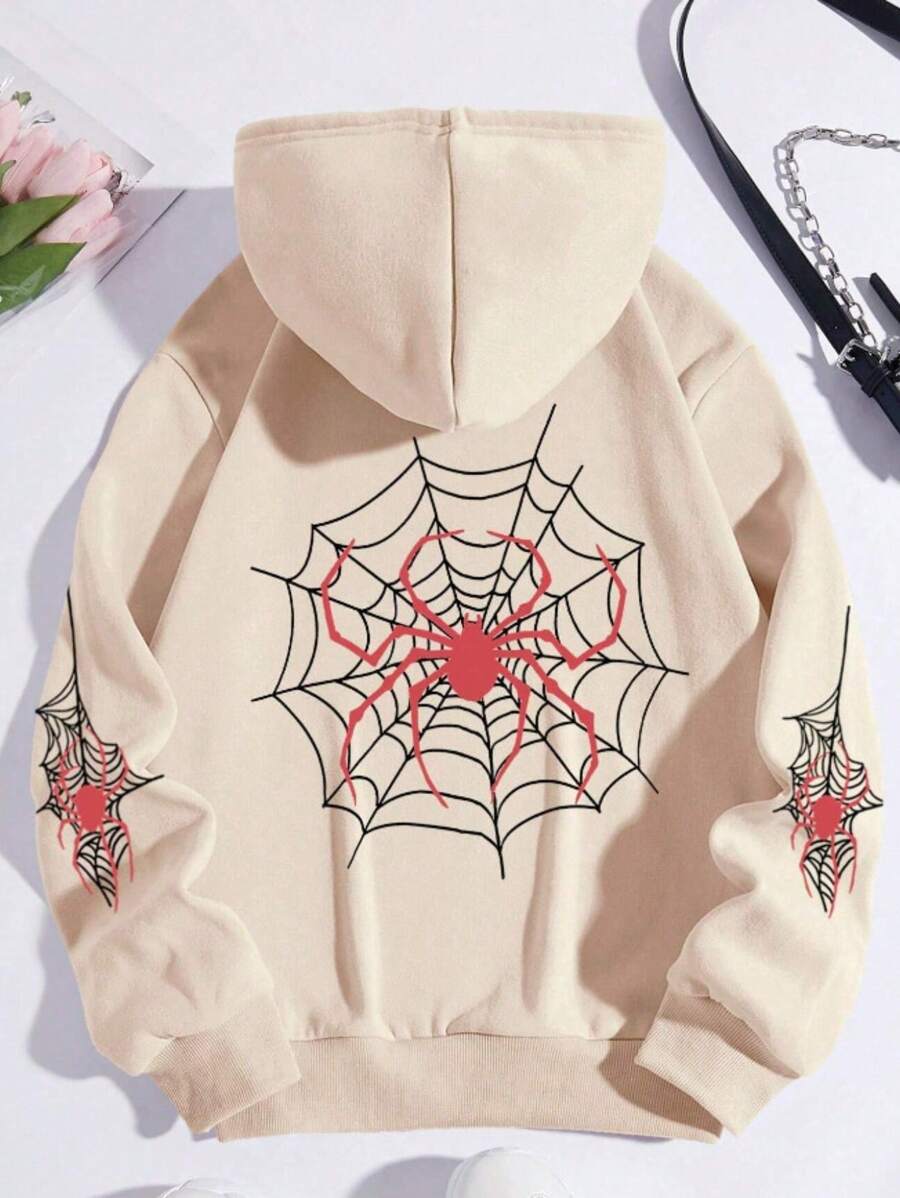 Unisex Spider Web Printed Hooded Sweatshirt Hoodie - Beige - View 1