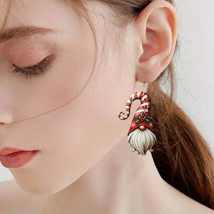 2pairs Of Dwarf Acrylic Double-Sided Earrings Christmas Tree Elk Gift Red Bottle Santa Claus Earrings