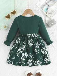 女婴可爱花卉印花腰部蝴蝶结二合一连衣裙，春秋装 - 綠色 - 查看 6