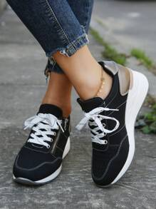 大码女式户外舒适拉链装饰楔形厚底运动鞋 - 黑色 - 查看 1
