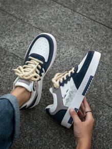 Men's Fashion Contrast Color Patchwork Random Printed Low-Top Skateboard Shoes, Romantic Campus Style Outdoor Walking Casual Sneakers