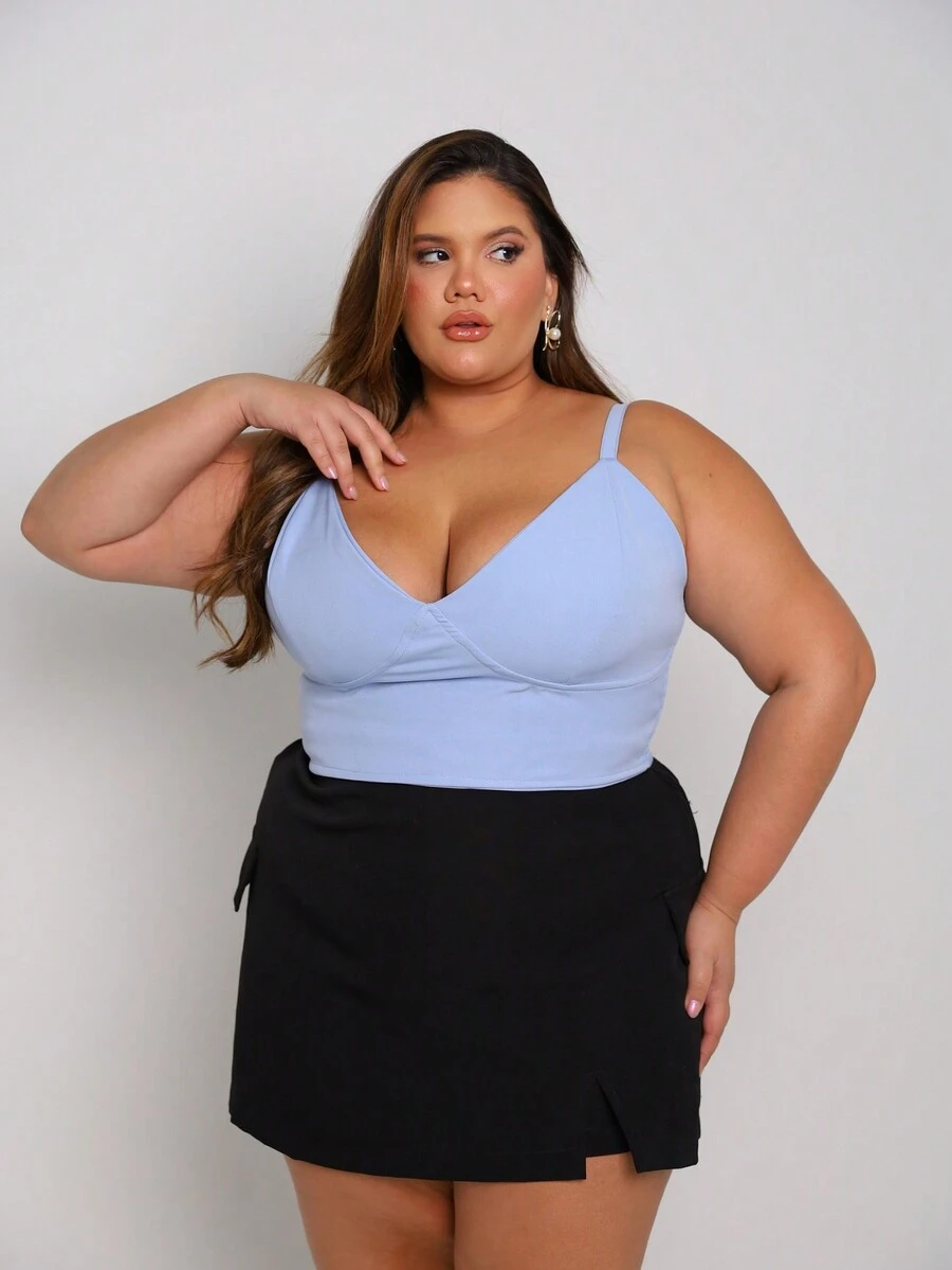 Cropped Top Plus Size Luxury Thin Strap With Length Adjuster V Neckline - 淺藍色 - 查看 1