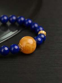 1pc High-Quality Silver Natural Lapis Lazuli Bracelet, Deep Blue Elegant With Golden Sparkling Stars. It Not Only Beautifies The Wrist, But Also Symbolizes Wisdom And Calmness, Helping You Think Clearly And Dispel Restlessness. Wearing It Is Like Carrying A Profound Cosmic Power, Leading You To The Realm Of Wisdom And Peace. Natural Gemstone Color Is Random. - Blue - View 4