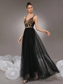 Modphy 2024 Autumn Women's Gold Sparkle Diamond Mesh Pleated Sexy V-Neck Long Dress Women's Wedding Bridesmaid Dress Party Formal Evening Dress, Black Prom Dress, For Wedding Guest, Graduation, Dinner - Black - View 4