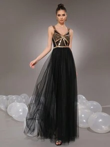 Modphy 2024 Autumn Women's Gold Sparkle Diamond Mesh Pleated Sexy V-Neck Long Dress Women's Wedding Bridesmaid Dress Party Formal Evening Dress, Black Prom Dress, For Wedding Guest, Graduation, Dinner - Black - View 2