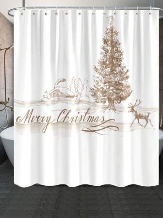 1PC Merry Christmas Garden Shower Curtain Christmas Tree White Window Curtains Waterproof Fabric Shower Curtain Set With 12 Hooks(71*71inch/180cm*180cm) Home Bathroom Decor Fall Decor Bathroom Accessories Back To School