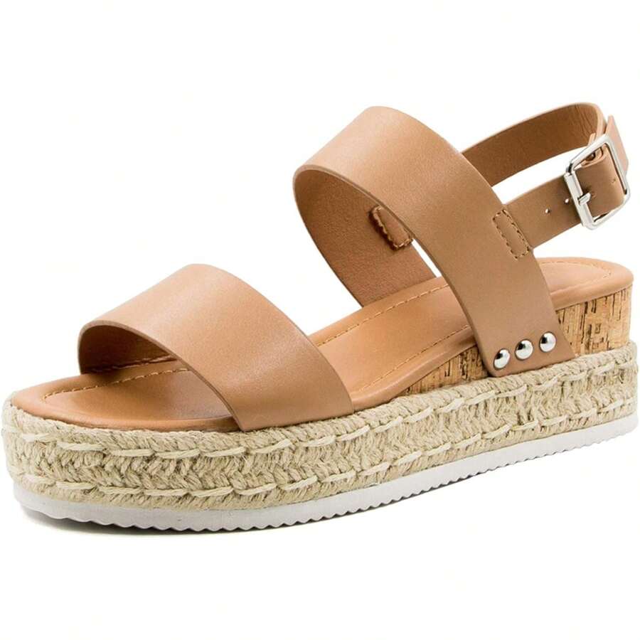 Athlefit Women's Espadrilles Sandals Ankle Strap Buckle Wedge Sandal Open Toe Studded Platform Sandals Fashionable Comfortable Vacation Shoes - 卡其色 - 查看 1