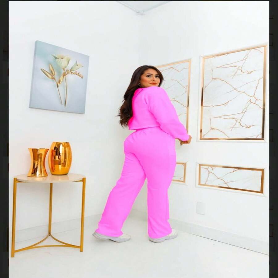 Women's Set: Wide-Leg Trousers + Long-Sleeved Cropped Top In Fleece | Trend, Elegance And Modernity - Hồng - Xem 1