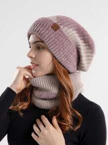 2pcs,Winter Two-Color Hat Women's Thick Warm Ear-Protection Woolen Hat With Velvet Neck Two-Piece Knitted Hat - Multicolor - View 3
