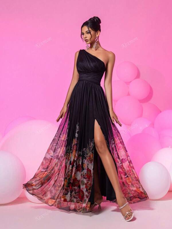 Elegant Romantic Black Floral Print Gradient Sleeveless Mesh Asymmetrical Neck Long Split Party Ball Gown Evening Dress, Formal Ladies Occasion Maxi Dress Wedding Guest Dress