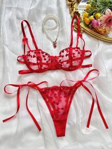 Sexy 2pcs Women Red Heart Embroidery See-Through Lingerie Set, Seductive, Intimate Nightclub Party & Valentine's Date, Rave - Red - View 5