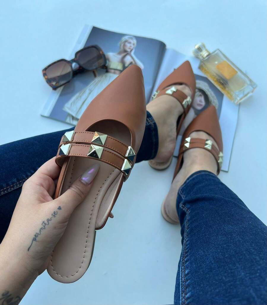 Caramel Pointed Toe Mule Sandal With Embellishment Comfortable Casual - 駝色 - 查看 1