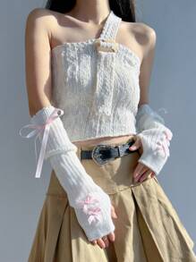 1 双秋冬保暖针织臂套，适合女孩，时尚 Y2K 千禧风格无指手套，带蝴蝶结装饰，适合日常穿着、居家、外出、舞台表演 - XN283# - 查看 13