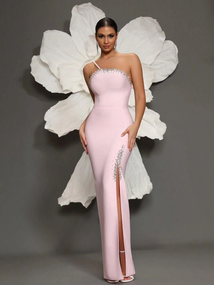 Handmade Beaded One Shoulder Knit Bandage Bodycon Dress, Elegant For Home, Party, Banquet Wedding Pink Spring - Pink - View 1