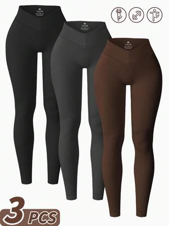 3Pcs Ribbed Patchwork High Waist Pants, Ribbed Leggings, Sports Pants, Seamless Trousers, Front Low Waist Sexy Cropped Pants, Suitable For Gym, Outdoor Sports, Hiking, Shopping, Daily Casual Wear Tights