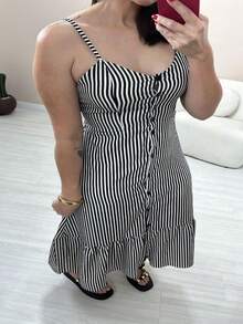 Women's Midi Dress With Ruffle And Front Buttons Crepe Silk Casual Fashion Striped - Black - View 2