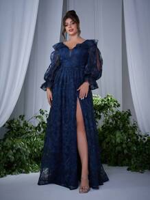 Summer/Fall Elegant Luxury Plus Sizelace Collar Embroidered Flowered Silk Long-Sleeved High Split High-End Evening For Party Prom Festival Wedding - Navy Blue - View 3
