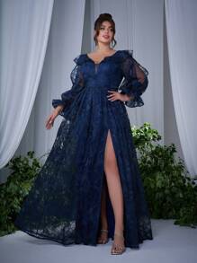 Summer/Fall Elegant Luxury Plus Sizelace Collar Embroidered Flowered Silk Long-Sleeved High Split High-End Evening For Party Prom Festival Wedding - Navy Blue - View 4