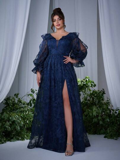 大码蕾丝 V 领刺绣长袖前开叉高端晚礼服，优雅伴娘礼服