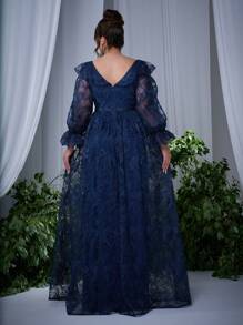 Summer/Fall Elegant Luxury Plus Sizelace Collar Embroidered Flowered Silk Long-Sleeved High Split High-End Evening For Party Prom Festival Wedding - Navy Blue - View 2