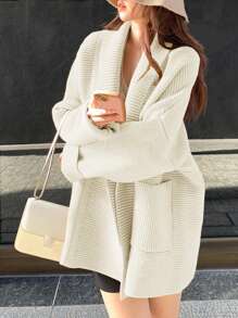 Casual Simple Loose Solid Color Cardigan - Beige - View 2