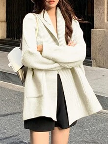 Casual Simple Loose Solid Color Cardigan - Beige - View 5