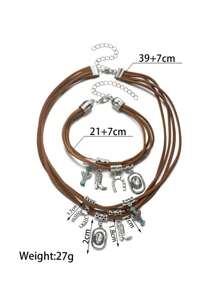 2pcs Bohemian Vintage Cowgirl Style Brown Waxed Alloy Cowboy Hat, Horseshoe Boots, Cactus Multi-Layer Adjustable Ladies Jewelry Gift Set - Multicolor - View 5