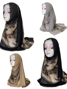 1pc Women's Fashion Patchwork Chiffon Printed Scarf, Contrast Color Casual Polyester Headscarf, Style Elegant Versatile Long Scarf, All Season