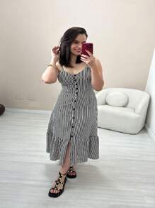 Women's Midi Dress With Ruffle And Front Buttons Crepe Silk Casual Fashion Striped - Black - View 1