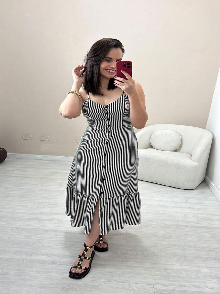 Women's Midi Dress With Ruffle And Front Buttons Crepe Silk Casual Fashion Striped - Black - View 1