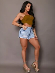 Women Denim Shorts - Rửa nhẹ - Xem 5