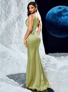 UNITHORSE Váy dạ hội dài không tay thêu hạt cườm cổ điển bằng vải satin, váy dạ hội trang trọng, dành cho khách dự tiệc cưới, lễ tốt nghiệp, tiệc tối - Màu Mù tạt vàng - Xem 3