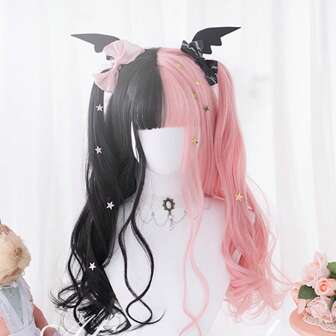 Anime Peruker För Kvinnor,Lolita Cosplay Peruker För Kvinnor Syntet hår Långt vågigt Svart Rosa Peruk Med lugg Cosplay Halloween Party Julperuk