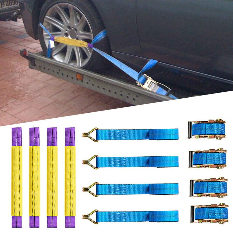 4X Blue - Car Trailer Soft Link Tie Down Transporter Heavy Duty Ratchet Straps - 12PCS - View 1