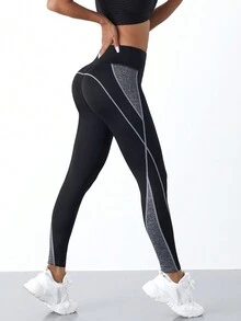 1pc 7/8 Length Patchwork Sports Leggings Suitable For Yoga, Fitness, Outdoor Activities - 黑色 - 查看 6