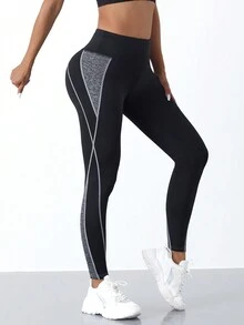 1pc 7/8 Length Patchwork Sports Leggings Suitable For Yoga, Fitness, Outdoor Activities - 黑色 - 查看 4