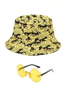 2 piezas/set Estilo casual y lindo para adolescentes, gorro cubo de pato amarillo y conjunto de gafas de sol de moda, adecuado para salidas diarias, vacaciones en la playa al aire libre, protección solar y sombra